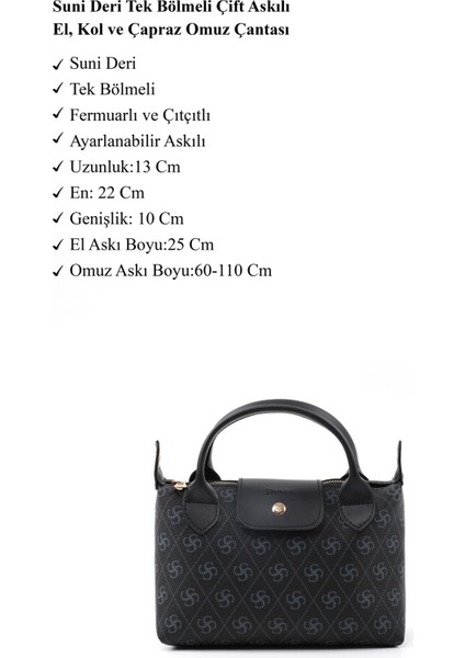 Monogram Baskılı Siyah SHK135 Suni Deri, Tek Bölmeli, Çift Askılı El, Kol ve Çapraz Omuz Çantası modelleri
