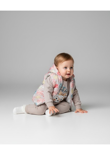 Kız Bebek Kalp ve Çiçek Desenli Yelekli 3'lü Takım
