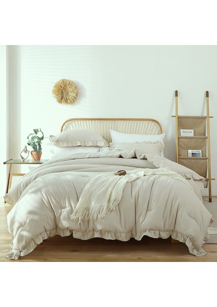 Makiteks %100 Pamuklu Fırfırlı Bej 240X220+2*(50X70) Battal Boy Nevresim ve Yastık Kılıfı fiyatları