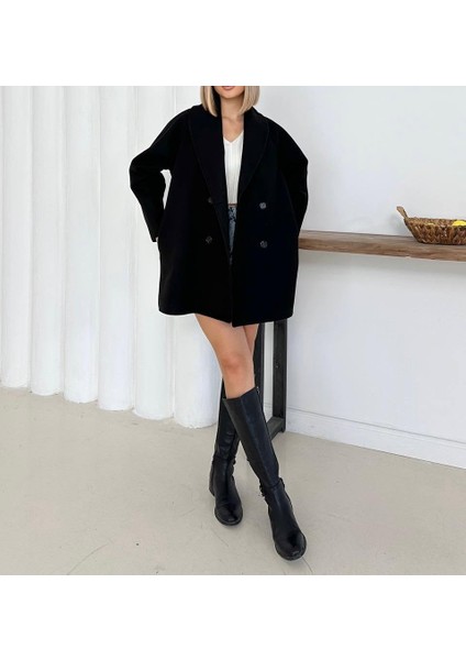 Oversize Kuşaklı Kısa Kaşe Kaban