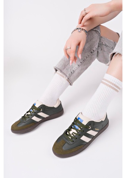 Bağcıklı Unisex Spor Sneaker Ayakkabı-Haki-Bej