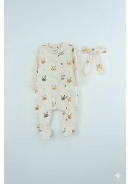 Kız Bebek Tulum %100 Pamuk Kumaş Uzun Kol Baskılı Patikli Çıtçıtlı Bandanalı Yeni Doğan