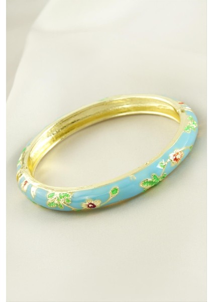 Ds-Derin Çiçek Işlemeli Mineli Kelepçe Bileklik-Mavi