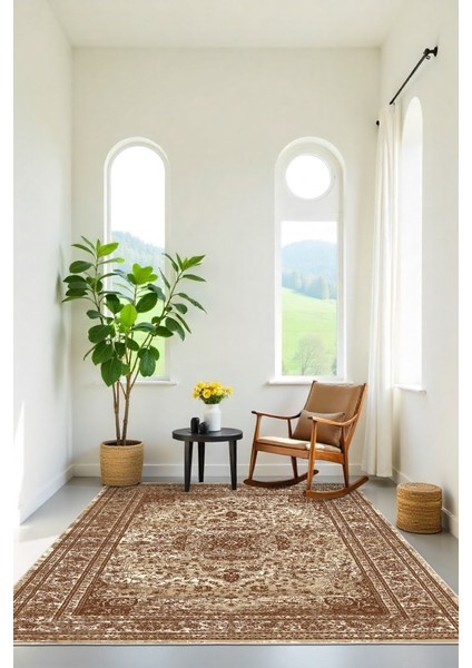 Kültürle Bezenmiş Konfor Bej ve Kahve Tonlarında Klasik Kaymaz Taban Halı modelleri