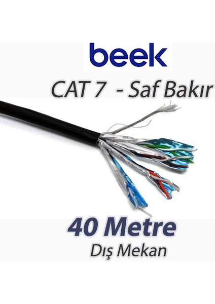 Cat7 - 40 Metre Saf Bakır S/ftp AWG23 Spe Dış Mekan Data Kablosu, Siyah Renk