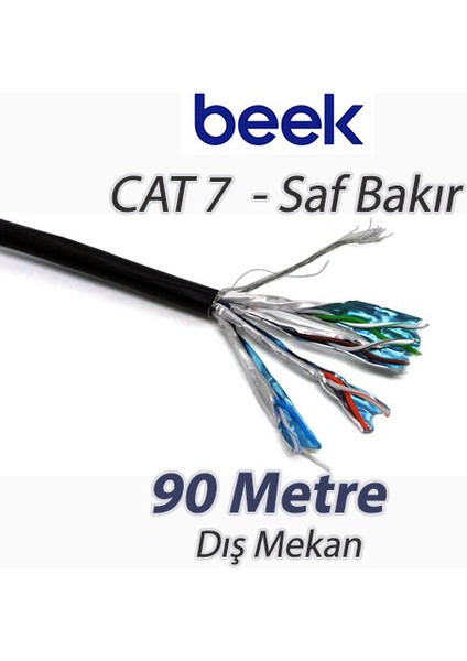 Cat7 - 90 Metre Saf Bakır S/ftp AWG23 Spe Dış Mekan Data Kablosu, Siyah Renk