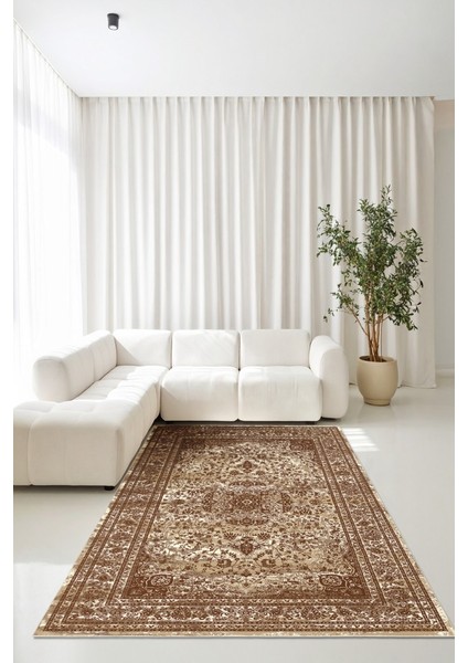 Kültürle Bezenmiş Konfor Bej ve Kahve Tonlarında Klasik Kaymaz Taban Halı