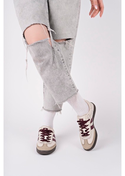 Bağcıklı Unisex Spor Sneaker Ayakkabı-Bej-Bordo fırsatları
