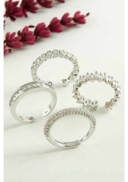 Ds-Derin Karışık Lüks Baget Zirkon Taşlı Yüzük-Gümüş Rengi