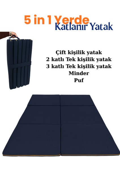 Multipurpose 5 In 1 Mavi Çift Kişilik Katlanır Süngerli Misafir Yer Yatağı ve Minder 7cm