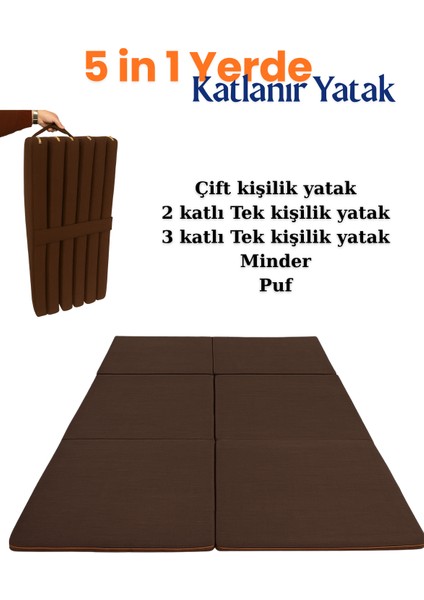 Multipurpose 5 In 1 Kahverengi Çift Kişilik Katlanır Süngerli Misafir Yer Yatağı ve Minder 7cm
