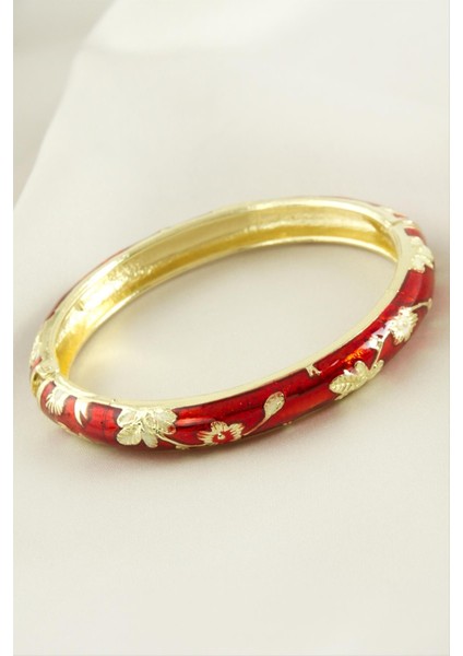 Ds-Derin Çiçek Işlemeli Mineli Kelepçe Bileklik-Kırmızı