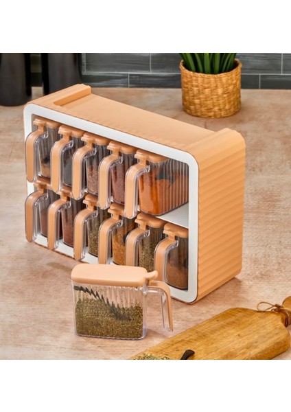 12’li Baharatlık Seti Kendinden Yapışkanlı Kaşıklı Kapaklı Etiketli Baharatlık Seti