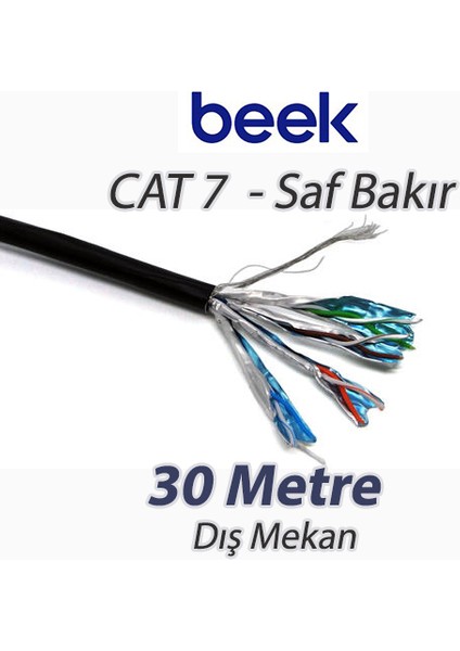 Cat7 - 30 Metre Saf Bakır S/ftp AWG23 Spe Dış Mekan Data Kablosu, Siyah Renk
