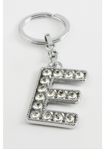 Ds-Derin Gümüş Renkli Taşlı Harf Anahtarlık-E