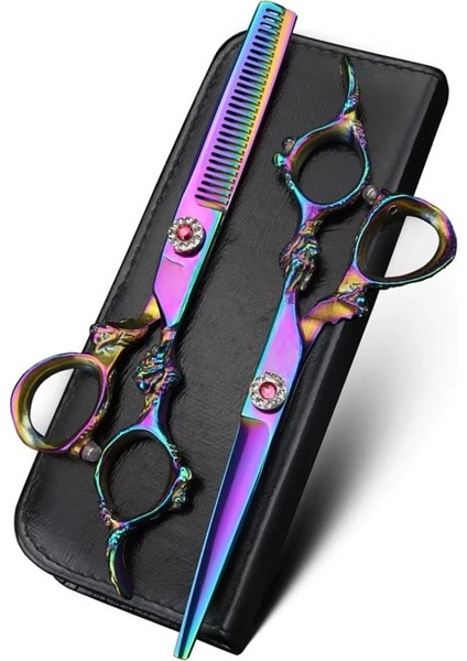 Rainbow XLQ502 Set Deri Çantalı Profesyonel Makas Seti 17 cm Paslanmaz Çelik Işlemeli Tasarım