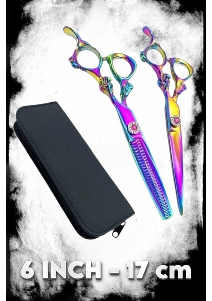 Rainbow XLQ502 Set Deri Çantalı Profesyonel Makas Seti 17 cm Paslanmaz Çelik Işlemeli Tasarım