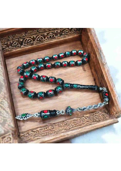 Gümüş ve Mine Işlemeli Gümüş Püsküllü Kuka Tesbih