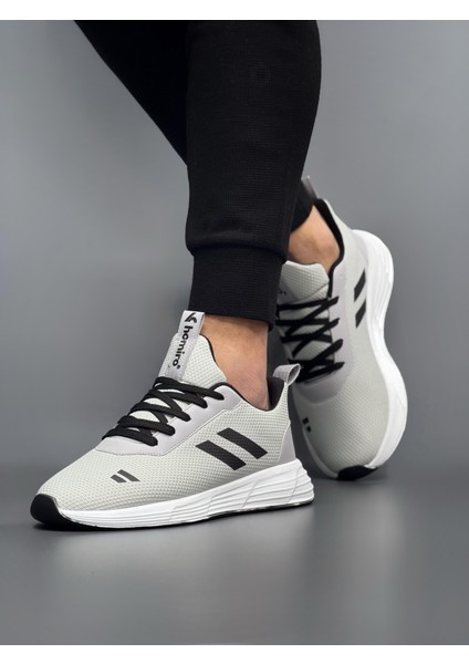 Unisex Bağcıklı Triko Poli Taban Spor Ayakkabı-Buz-Siyah