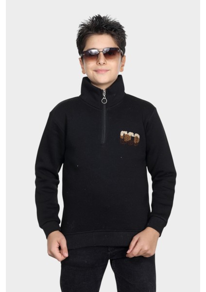 Erkek Çocuk Kışlık Nakış Detaylı Yarım Fermuar Sweatshirt