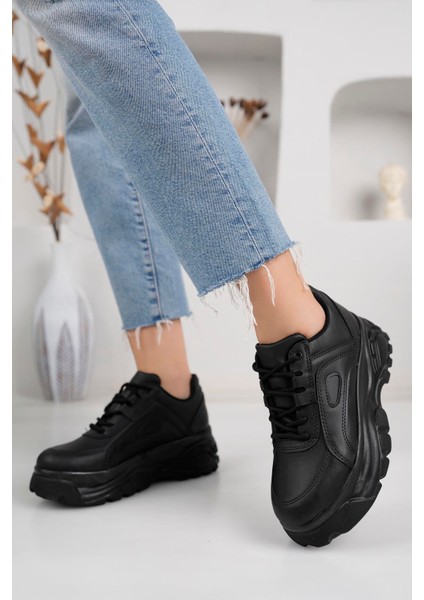 Yüksek Tabanlı Hafif Rahat Bağcıklı Spor Ayakkabı-Siyah modelleri
