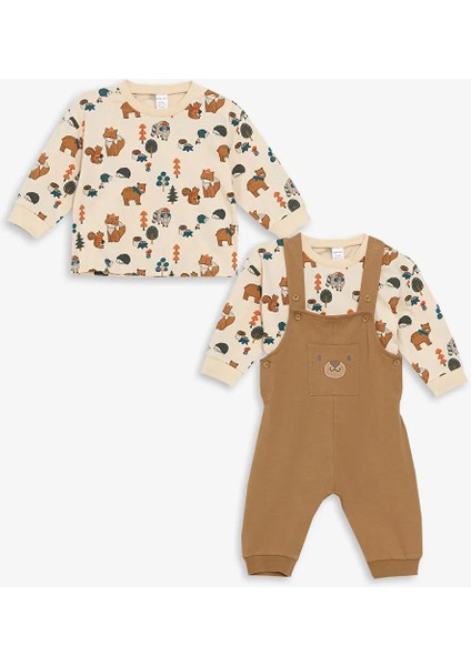 Lcw Baby Bej Nakışlı Erkek Bebek Salopet ve Tişört 2'li Takım