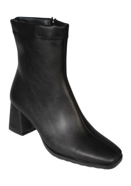 Yazkış Kadın Siyah Cilt 16CM Bilek Boyu Yandan Fermuarlı 6cm Kalın Topuk Kut Burun Topuklu Bot