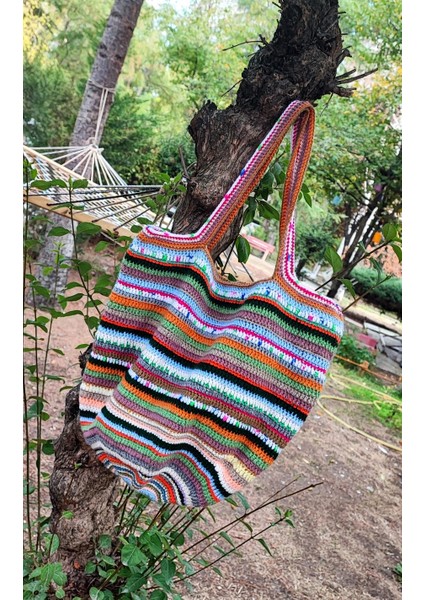 El Işi Örme Çanta / Renkli Orlon-Koton Ip Ile Tığ Işi / Astarlı, Dış Cepli (41X36)