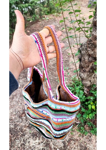 El Işi Örme Çanta / Renkli Orlon-Koton Ip Ile Tığ Işi / Astarlı, Dış Cepli (41X36) modelleri