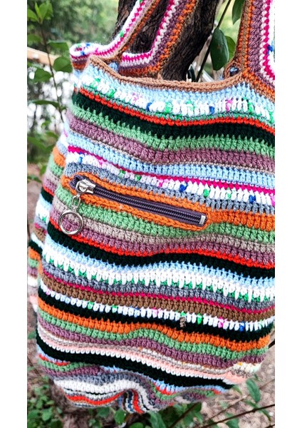 El Işi Örme Çanta / Renkli Orlon-Koton Ip Ile Tığ Işi / Astarlı, Dış Cepli (41X36)