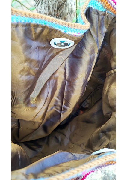 El Işi Örme Çanta / Renkli Orlon-Koton Ip Ile Tığ Işi / Astarlı, Dış Cepli (41X36)