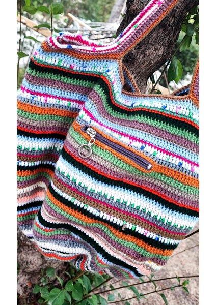 El Işi Örme Çanta / Renkli Orlon-Koton Ip Ile Tığ Işi / Astarlı, Dış Cepli (41X36)