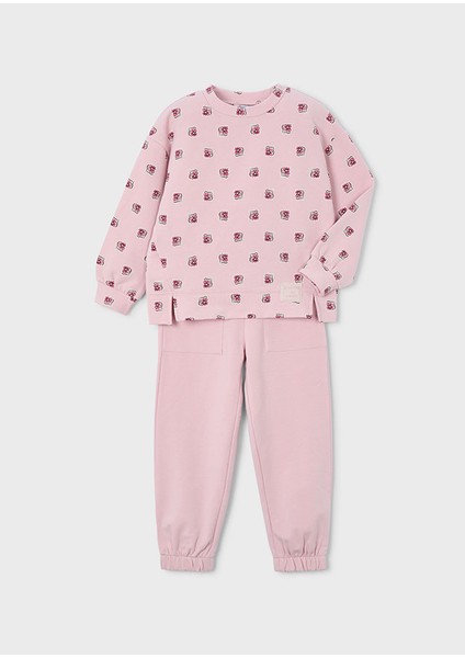 4-10 Yaş Kız Çocuk Pembe Çiçek Baskılı Sweat ve Eşofman Altı Takımı