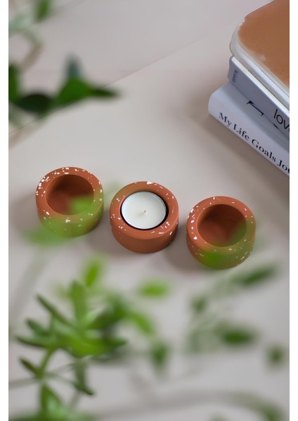 El Yapımı Terracotta Beton Tealight Mumluk 3\'lü Set | Dekoratif Şamdan, Yüzük Tabağı