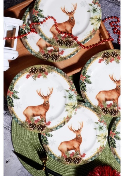 6'lı Özel Tasarım Yılbaşı Deer Desen Servis Tabak 26 cm