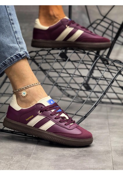 Bağcıklı Unisex Spor Sneaker Ayakkabı-Bordo-Bej