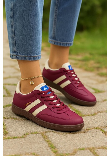 Bağcıklı Unisex Spor Sneaker Ayakkabı-Bordo-Bej modelleri