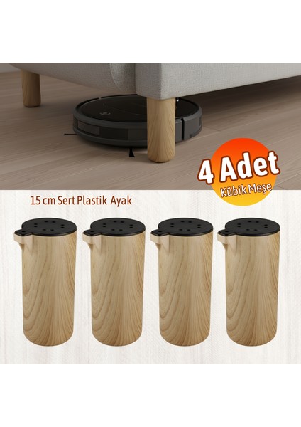 Bohem Kübik Dörtlü Paket Meşe Sert Plastik 15 cm Mobilya Kanepe Koltuk Baza Yükseltme Ayağı