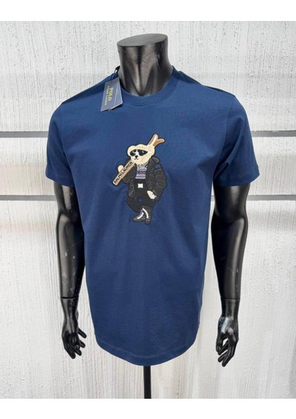Erkek Premium Nakışlı Ayıcık Baskılı Lacivert Tişört