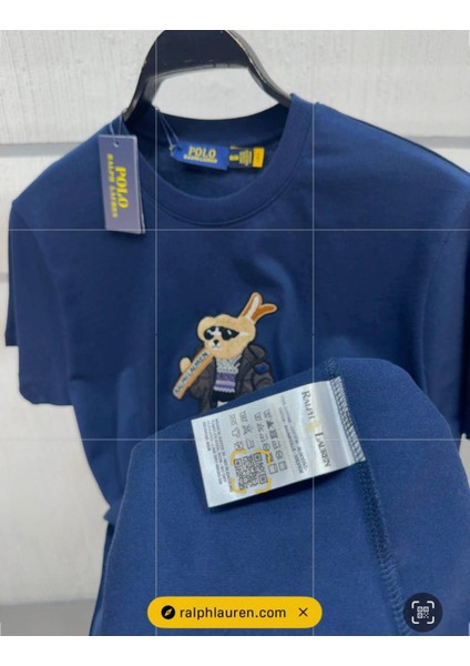 Erkek Premium Nakışlı Ayıcık Baskılı Lacivert Tişört modelleri