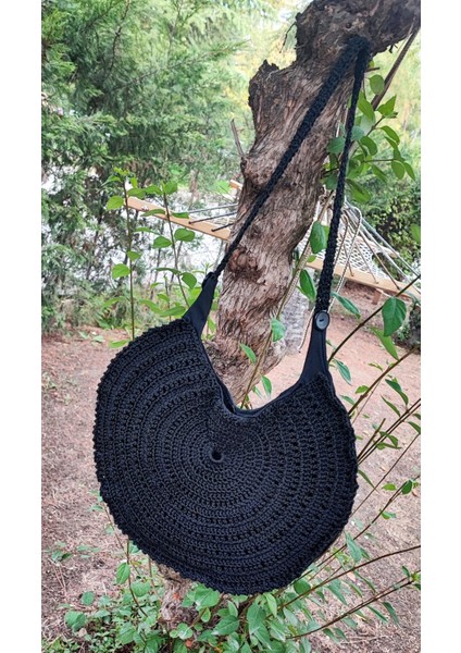 El Işi Örme Çanta / Siyah Makrome Ipi Ile Tığ Işi / Düğme Detaylı, Astarlı, Iç Cepli (36X26)