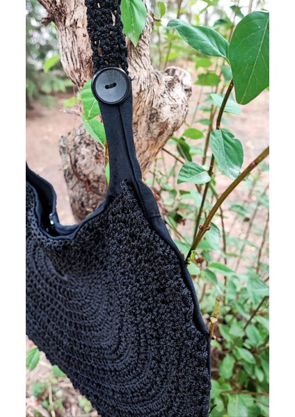 El Işi Örme Çanta / Siyah Makrome Ipi Ile Tığ Işi / Düğme Detaylı, Astarlı, Iç Cepli (36X26) fiyatları