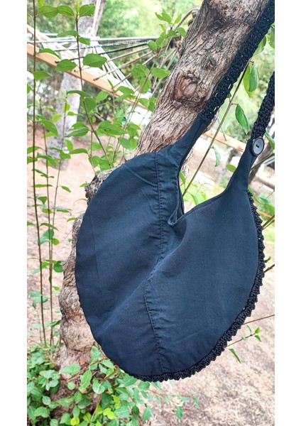 El Işi Örme Çanta / Siyah Makrome Ipi Ile Tığ Işi / Düğme Detaylı, Astarlı, Iç Cepli (36X26) fırsatları