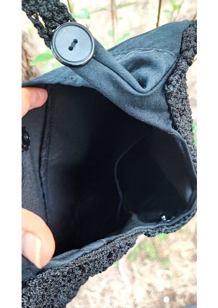 El Işi Örme Çanta / Siyah Makrome Ipi Ile Tığ Işi / Düğme Detaylı, Astarlı, Iç Cepli (36X26)