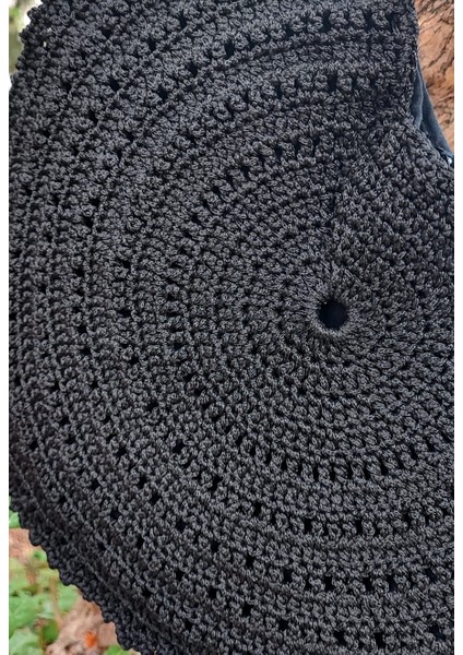 El Işi Örme Çanta / Siyah Makrome Ipi Ile Tığ Işi / Düğme Detaylı, Astarlı, Iç Cepli (36X26)