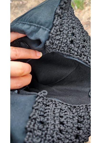 El Işi Örme Çanta / Siyah Makrome Ipi Ile Tığ Işi / Düğme Detaylı, Astarlı, Iç Cepli (36X26)