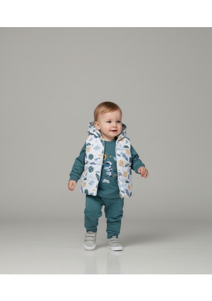 Erkek Bebek Uzay Desenli Yelekli 3'lü Takım