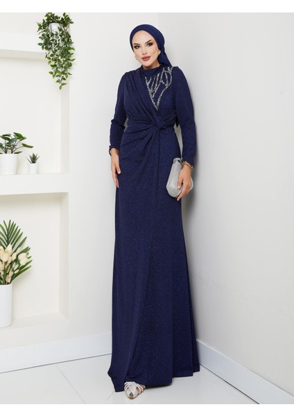 Simli Büzgü Detaylı Abiye Elbise