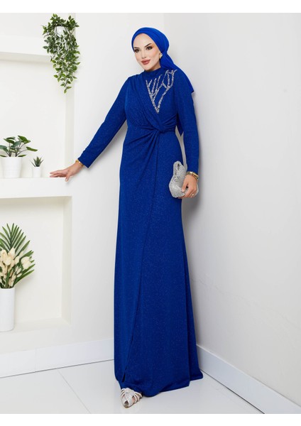 Simli Büzgü Detaylı Abiye Elbise