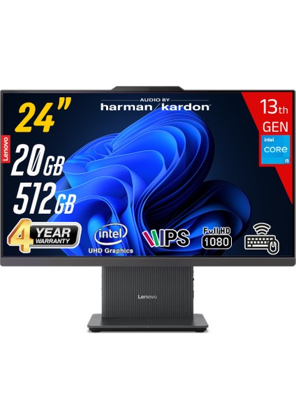 Ideacentre Aıo 24IRH9 Intel Core I5-13420H 20 GB Ram 512 GB SSD Intel UHD Graphics 23.8 Fhd IPS Freedos Kablosuz Klavye+Mouse Siyah All In One Bilgisayar